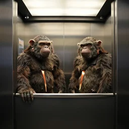 Two ogres in an elevator. Two shot angle.