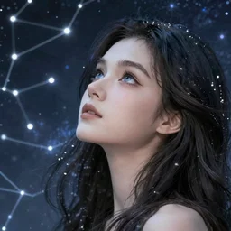 Woman demon with long hair looks at the sky .Cosmic hair with constellation. Big eyes, small nose, smile. scales on cheeks. Night light. Oil LiveSuperdetailation, 4k, wow, artstation trending. paint strokes.