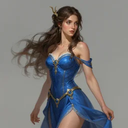 brunette fairy woman, wearing blue dress, medium shot angle, d & d, fantasy, highly detailed, digital painting, trending on artstation, concept art, sharp focus, illustration, art by artgerm and rosstran