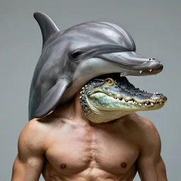 closeup portrait of muscular animal human merged head dolphin, morphing dog head, merging crocodile head, anthropomorphic, creature, solid background