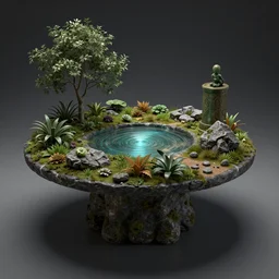 alchemy table natural environment, dark 3 d render, reflective