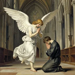 angel protecting man who is praying inside a gothic church, drawn by Picasso