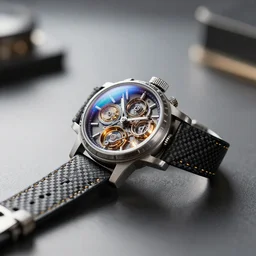 exquisite 3 d render of a steampunk watch lying on a table, minimalist design, high detail, sharp focus, iridescent glass, carbon fiber, glowing interior components, intricate detail, depth of field, bokeh, cinematic lighting and composition, octane render, film grain