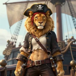 beautiful portrait of a female anthropomorphic lioness fursona wearing pirate captain clothes on a pirate ship. exposed midriff and visible abs. character design by charlie bowater, ross tran, artgerm, and makoto shinkai, detailed, soft lighting, rendered in octane