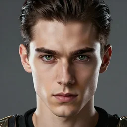 closeup portrait of a clean shaven determined young man with swept back dark brown hair and green eyes, preparing for battle, highly detailed, intricate, elegant, hyperrealism, digital art by ross tran and artgerm and greg rutkwowski and wlop, 8 k hd