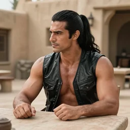 muscular man sitting at table on tatooine, wearing a black black black leather vest vest vest, no shirt, shirtless, long long black black hair in a ponytail ponytail 1 0 0 0 0 0 0