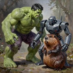 the hulk fighting a robot beaver, oil on canvas, epic, intricate, full scene, 8 k highly professionally detailed, hdr, joe jusko