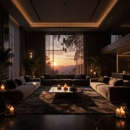 videogame screenshot of a very dark dreamy modern luxury maximalist living room, candlelight, sunset glow, dark shadows, octane render, volumetric lighting, raytracing, symmetrical wide shot low angle