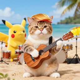 a cat with donald trump hair style, playing ukulele on hawaii beach, beside fluffy pikachu playing drum, music band photography