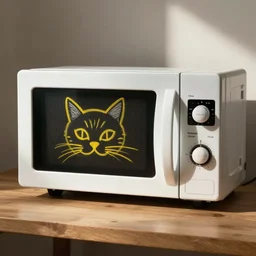 A microwave with a poorly-drawn cat face on the front drawn in yellow crayon