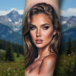 hyper realistic tattoo design of a very beautiful woman against a background of beautiful mountains and nature, in the style of den yakovlev, amazing detail