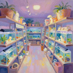 clean impasto expressionist bright cheery placid pastel deep cozy moody cluttered painterly fluffy tiny cramped live pet store, aisles of aquariums, slanted ceiling, tiny space, particulate, trending on pixiv