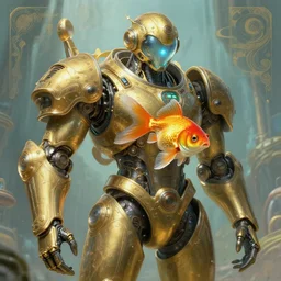 a goldfish in power armor, solarpunk, retrofuturist! intricate, elegant, highly detailed, ray tracing, digital painting, artstation, concept art, smooth, sharp focus, illustration, art by artgerm and greg rutkowski and alphonse mucha, 8 k