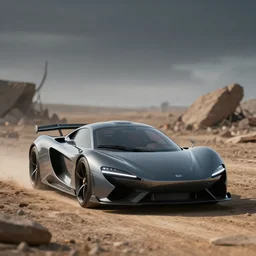 a sleek futuristic supercar is sitting in an apocalyptic wasteland, clear focus, bokeh effect, high res, hasselblad, dslr, professional, cinematic