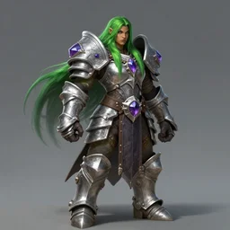 world of warcraft concept art, barbarian warrior woman, long green hair, heavy silver armor with amethysts details