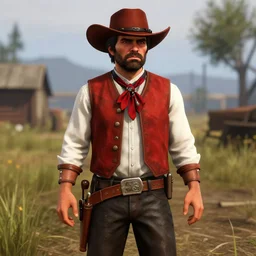 Screenshot of Carl Brutananadilewski from Aqua Teen Hunger Force as a 3d cowboy in full cowboy attire in the videogame 'Red Dead Redemption 2'. Sharpened. 1080p. High-res. Ultra graphical settings.