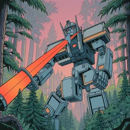 grainy risograph, huge floating sword against huge robot machine with three heads, close - up, matte colors, in the dense forest, highly detailed, artstation, intricate - detailed, by moebius, anime 2 0 0 0