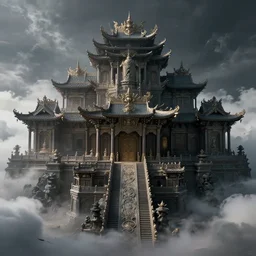 super realistic architecture, ancient luxurious palace, surrounded by clouds and mist, micro details, 3 d sculpture, structure, ray trace 4 k, frontal view, hyperdetailed, volumetric lighting, dark color palette, epic composition, bio futuristic design digital art, hyperrealistic photo