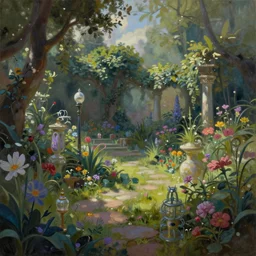 a gorgeous, fantastic, magic garden landscape by michael kidd, unreal engine, trending on artstation, artgerm, oil on canvas, unsaturated colors