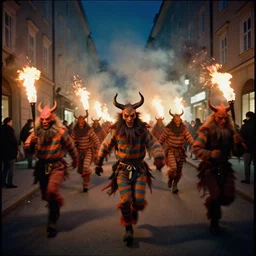 kodak portra 4 0 0, award winning dynamic vivid atmospheric photograph of hundreds of hazardous krampus, pelzebug, devils, by robert capas, in muted colours, striped orange and teal, motion blur, on a street in salzburg at night with colourful exploding pyro fire and torches, narrow shot, running fast towards the camera