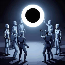faceless humanoid forms worshipping a circular void, pixelart