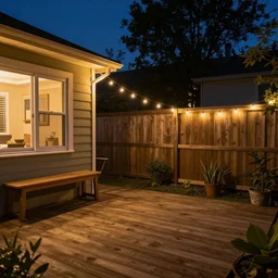 a still photo of a backyard at night with fairy lights, house on the left side with wooden flooring, warm lighting, tumblr aesthetic