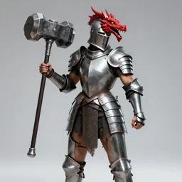 a muscular woman in full plate armor holding a giant warhammer and wearing a helmet shaped like a red dragon's head, by terese nielsen
