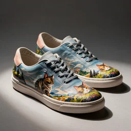 shoes with cat art painted on them, octane render, unreal engine, studio lighting