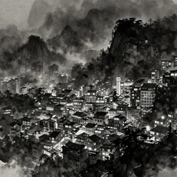 a city built into the mountains, foggy, dark, mysterious, inkwash painting, glowing lights, at night, highly detailed, dramatic,