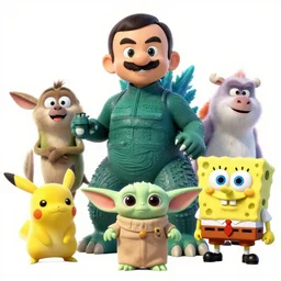 mr. bean godzilla super mario pickle rick yoda donkey kong pikachu yeti shrek spongebob homer groot in gears of war, splash art, movie still, detailed face, photorealistic facial features, cinematic lighting, dramatic, octane render, long lens, shallow depth of field, bokeh, anamorphic lens flare, 8 k, hyper detailed, 3 5 mm film grain