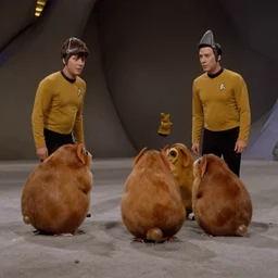 a scene from Trouble with Tribbles!!! an episode of the original Star Trek series, with Gal Gadot, in Starfleet uniform, in the role of Captain Kirk