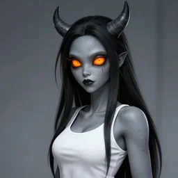 hellhound monstergirl with grey skin, white tanktop and glowing orange eyes, digital art