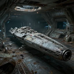 Cross-Section of a derelict and abandoned futuristic spaceport.High quality , highly detailed, 4k , dead space , system shock 2 , world of war spaceships