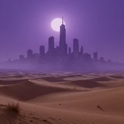 matte painting of a desert landscape, science fiction art, city in the skyline, two suns, gloomy, fog, elaborate, detailed digital art, trending in artstation, purple color lighting
