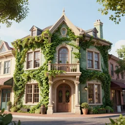 charming mainstreet disneyland type building with ivy growing up it, octane render, hyperdetailed, photorealistic, natural light