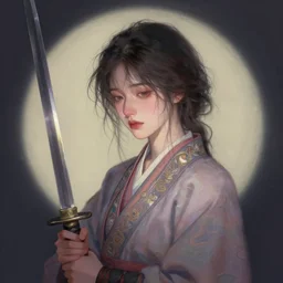 portrait of a beautiful girl, holding a samurai sword, messy hair, sad, dreaming, dark pastel colors, beautiful face, rule of thirds, intricate outfit, spotlight, by greg rutkowski, by jeremy mann, by francoise nielly, by van gogh, digital painting