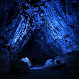 a photograph from inside a cave looking outside, blue lighting,