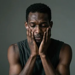 a mentally ill black German man, thin, sad, post processing, portrait, realistic, award winning photo 8k