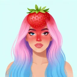 illustration of a queer woman with a strawberry head, long pink and blue hair
