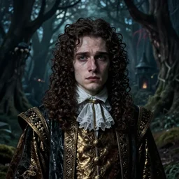 portrait of mournful, mischievous, dangerous young James Frain's  Cromwell as a king of the fairy forrest. The background is a dark, creepy eastern europen forrest.  night, horroristic shadows, high contrasts, photorealistic, detailed, (((lumnious))), theatrical, character concept art by ruan jia, thomas kinkade, and J.Dickenson, trending on Pinterest