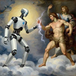 modern mechanical robot on the clouds is touching an athletic human man with lightning fingers, classical religious painting, michelangelo, concept art, fritz lang
