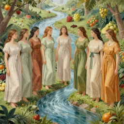 ultra detailed and realistic painting of paradise, a group of women wearing beautiful clothes, rivers, fruit trees, inspired by very beautiful cute and colored disney movie backgrounds, rendered in 8 k unreal engine