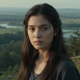 an ultra realistic, cinematic headshot portrait, of girl, background of a vast serene landscape, with trees and rivers, detailed, deep focus, movie still, dramatic lighting, ray tracing, by michal karcz and yoshitaka amano