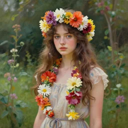 a girl wearing a garland of flowers standing in the garden, beautiful, oil painting, artstation, soft light, highly detailed, sharp focus, colourful flowers, by sophie anderson