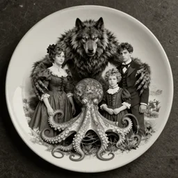 vintage photograph monochrome plate, monstrous abnormal victorian family posing with a large octopus and a werewolf, distressed old photo, slight sepia tone