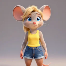 3 d render, portrait, mid shot, anthropomorphic mouse, female, blond furr, blue eyes, wearing denim short shorts and a off yellow tank top shirt, solo, in the style of zootopia