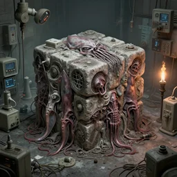 airbrush of brutalist medical, unsymmetrical, horror squid cubed block, surrounding med equipment, abandoned, by v finlay, giger, wayne d barlowe, stefano tamburini, torch light, muted colors, epic, hyper detailed, awe inspiring, award winning horror, hyper realism, cinematic