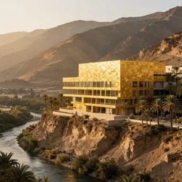 photo of a golden modern museum in a arid mountain and palm forest on a cliff, river and valley, rammed earth, windows, 5 floors, trees and vegetation, snohetta, golden stones and color palette, sun rays, golden hour atmosphere, 8 0 k, octane,