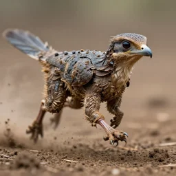 action photography, long shot, award winning macro photo of an ultra detailed intricate muddy raptor running very fast on mud, dirt and dust, fast shutter speed, motion blur, tiny gaussian blur, highly detailed, highly intricate, depth of field, national geographic