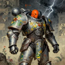 composition of gothic and futuristic, warhammer, cyber japan armor, more and more scars, many flowers, thunderstorm, orange head, some yellow green and blue, the middle ages, highly detailed, artstation, in the style of moebius, jugendstil and classic japanese print, art by jean delville